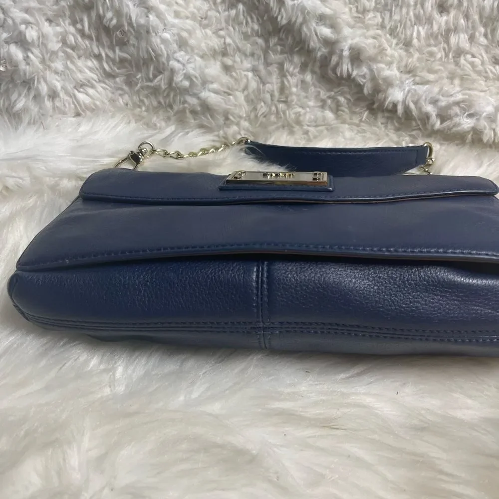 DKNY Melissa leather Navy Blue satchel with silver tone chain strap.
